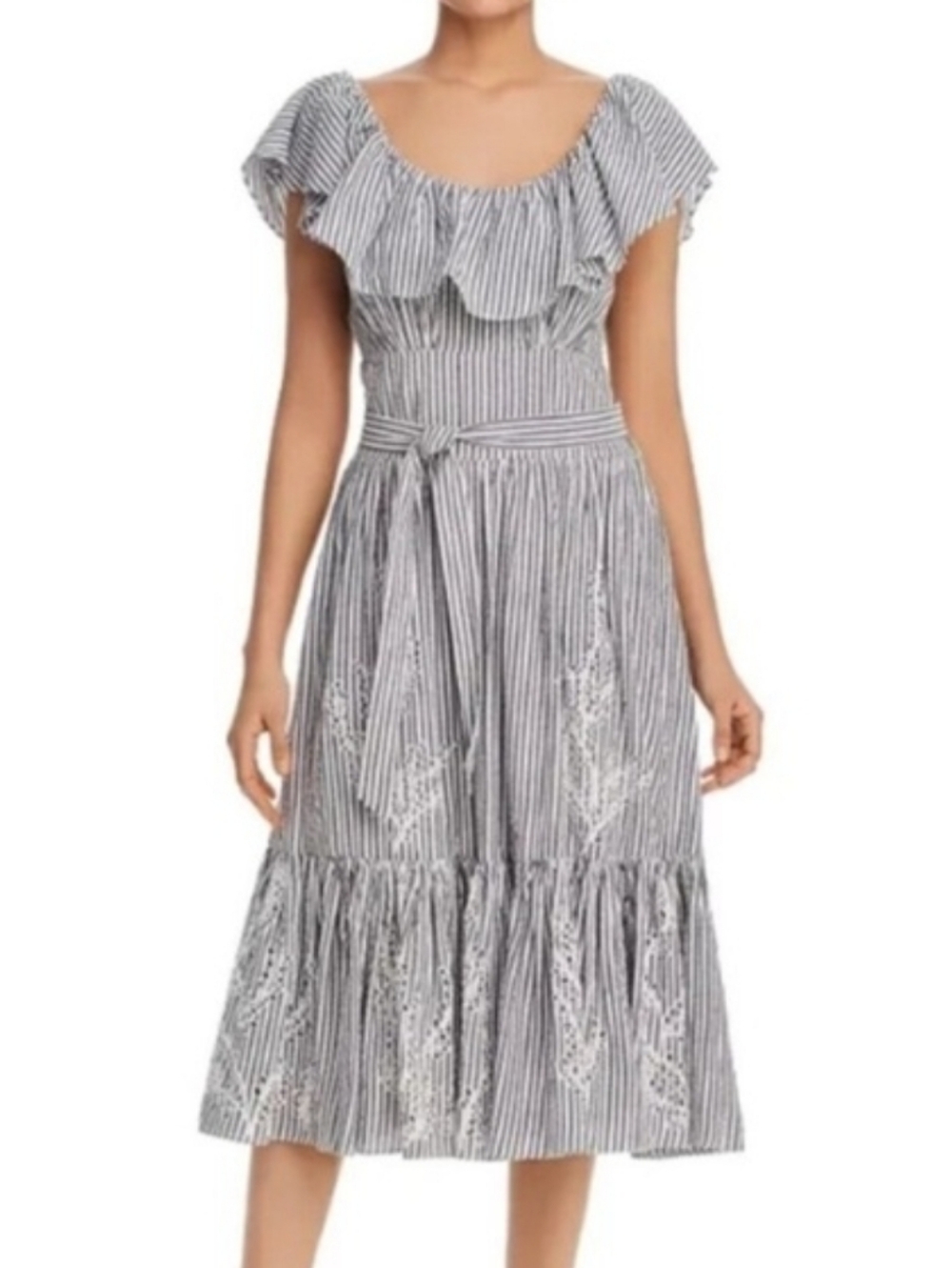 Tory Burch Striped Ruffle Midi Dress in Navy and White